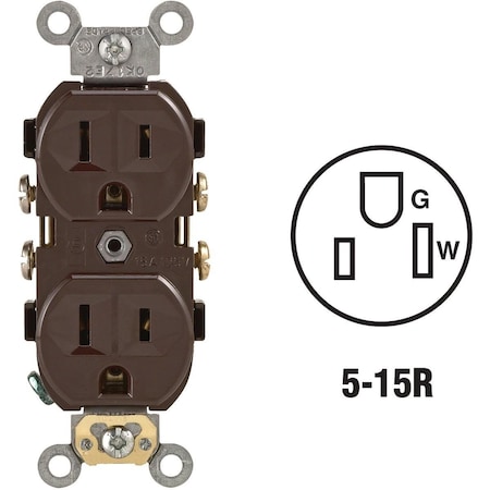 Leviton Straight Blade Receptacle, 5-15R, 15 A, 125V AC, 2 Pole, 3 Wire, Self-Grounded S00-CR15-00S
